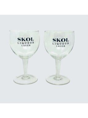 Vintage Skol Liqueur Lager Glasses Clear Short Stem Set of 2